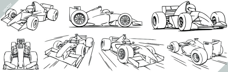 Linear isolated formula one set illustration ink sketch. Race car background speed track vector art