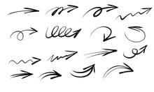 Sketch Marker Arrows, Underline,  Lines, Emphasis, Waves Set. Hand Drawn Brush Arrow Check Mark Underline. Vector Freehand Illustration On White Background.