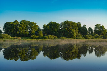 Wall Mural - landscape view on the river and coast with trees in morning light and reflection in water