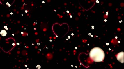 Sticker - Animation of falling red heart and glowing spots on black background