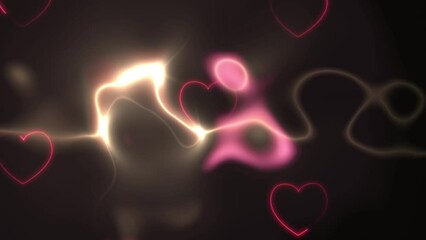 Poster - Animation of glowing wave and glowing heart shapes on black background