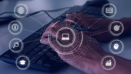 Poster - Animation of falling education icons over person using laptop