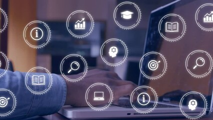 Poster - Animation of falling education icons over person using laptop