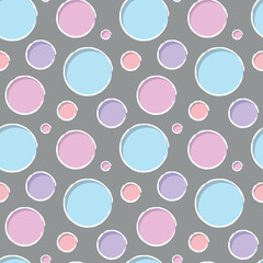 Wall Mural - 3D colorful circles seamless pattern. Blue, pink, violet deep circles with shadow, white brush outline on grey background. Vector illustration.