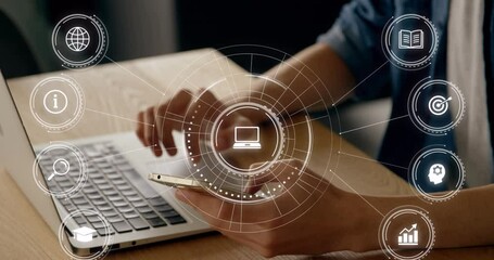 Poster - Animation of falling education icons over person using laptop