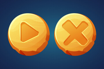 Set golden buttons game interface, menu element, cross shape in comic cartoon style isolated on white background.