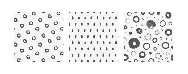Poster - Polka dots and different circles seamless pattern collection. Monochrome hand drawn geometric textures. Messy doodles, thick and thin circles, various brush strokes. Speckles and blots ornament