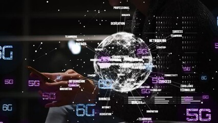 Poster - Animation of 6g, globe with connections and hands of caucasian man using smartphone