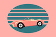 Pink retro car on dark blue-pink background. Vintage auto in a cartoon style. Vector illustration
