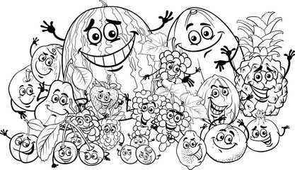 Wall Mural - happy cartoon fruit characters group coloring page