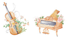 Watercolor Violin And Piano, Musical Instrument With Flowers, Vintage Illustrations, Retro Art, Perfect For Vintage Invitation
