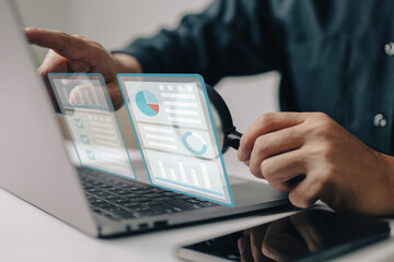 Poster - Financial audit research online on a computer laptop. Web analytics or web analysis, a digital report, an accounting or sales finance concept, a market statistic inspection, or a quality evaluation.