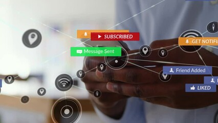 Poster - Animation of media icons over african american businessman using smartphone in office