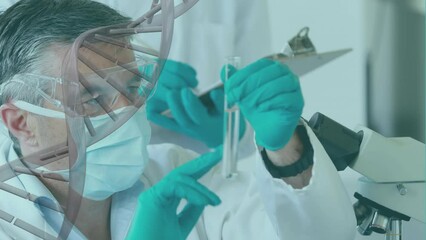 Poster - animation of dna over caucasian senior male lab workers with samples