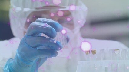 Poster - animation of molecules over caucasian female lab worker with samples