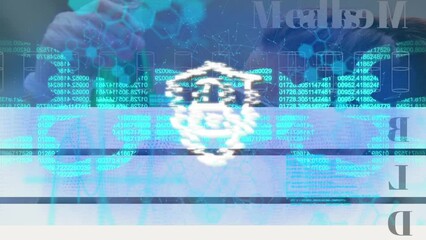 Poster - Animation of padlock icon and data processing over caucasian female scientist in lab