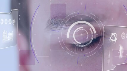 Poster - Animation of data processing and scope scanning over eye of caucasian man