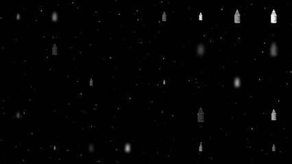 Poster - Template animation of evenly spaced feeding bottle symbols of different sizes and opacity. Animation of transparency and size. Seamless looped 4k animation on black background with stars