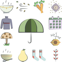 Poster - Umbrella colored hand drawn icon in a collection with other items