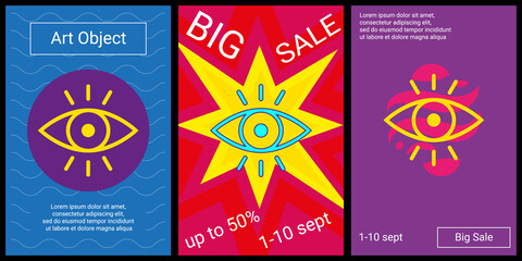 Poster - Trendy retro posters for organizing sales and other events. Large vision symbol in the center of each poster. Vector illustration on black background