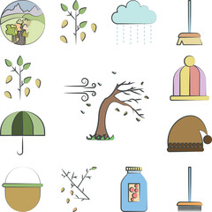 Poster - Rainy and windy colored hand drawn icon in a collection with other items