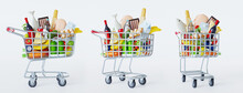 Set Of Shopping Cart Full Of Food On White Background. Grocery And Food Store Concept. Supermarket Trolley Cart With Fresh Products And Red Handle. Realistic Grocery Cart 3d Render Illustration.