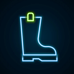 Canvas Print - Glowing neon line Waterproof rubber boot icon isolated on black background. Gumboots for rainy weather, fishing, gardening. Colorful outline concept. Vector