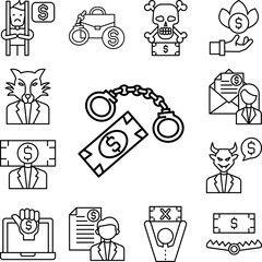 Poster - Bribe, handcuffs, clamp, money icon in a collection with other items