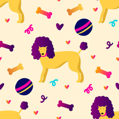 Wall Mural - Funky yellow poodle dog seamless vector kids pattern. Cute puppy background