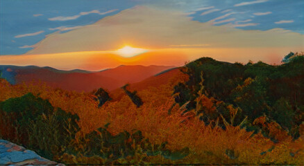 Poster - Sunrise over meadows, mountains of Shenandoah National Park.  With plants, flowers, and stone wall. 