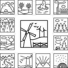 Poster - mills on field outline icon in a collection with other items
