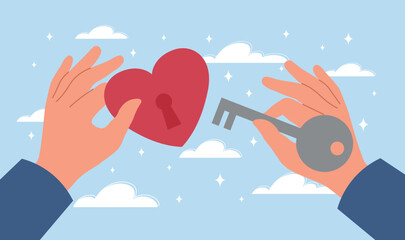 Opening heart concept. Metaphor of trusting person or psychologist. Individual approach and humanitarianism. Love, care and support, relationship and romantic. Cartoon flat vector illustration