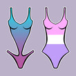 © Hanna - Set of two one-piece swimsuits as stickers for web design. Colored swimsuits sticker pack for design websites or applications. Beautiful female summer swimsuits for relax, sunbathe and swimming.