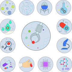 Poster - Biotechnology, Nano robot in badge icon in a collection with other items