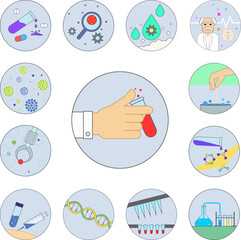Poster - Biotechnology, hand, test tube in badge icon in a collection with other items