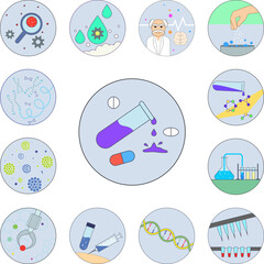 Poster - biotechnology, test tube, capsule in badge icon in a collection with other items