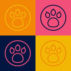 Canvas Print - Pop art line Paw search icon isolated on color background. Magnifying glass with animal footprints. Vector