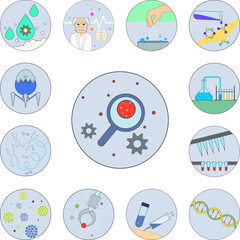 Poster - biotechnology, gear, search atom in badge icon in a collection with other items