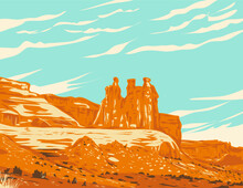 WPA Poster Art Of Three Gossips Sandstone Tower Atop A Pedestal Within Courthouse Towers Cluster In Arches National Park In Moab, Utah, United States USA Done In Works Project Administration Style.
