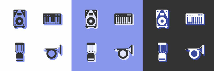 Set Trumpet, Stereo speaker, African djembe drum and Music synthesizer icon. Vector