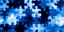Seamless Painted Blue Jigsaw Puzzle Camouflage Background Pattern. Tileable Artistic Indigo And White Hand Drawn Nautical Boy Theme Acrylic Texture Surface Design. Fabric Or Wallpaper 3D Rendering..