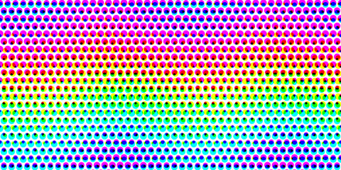 Seamless CMYK halftone abstract gradient background pattern. Tileable colorful cyan, magenta, yellow and black pop art polka dot circle texture. Retro print making creative concept backdrop..
