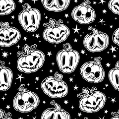 seamless monochrome pattern of cartoon halloween pumpkins