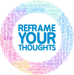 Reframe Your Thoughts word cloud conceptual design isolated on white background.
