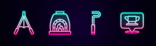 Set Line Air Blower Bellows, Blacksmith Oven, Fire Poker And Anvil Tool. Glowing Neon Icon. Vector