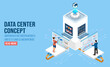 © Sarawut - 3D isometric data center concept with digital service, application with data transmission, Network computing technologies, Hosting Server Database.  Vector illustration eps10