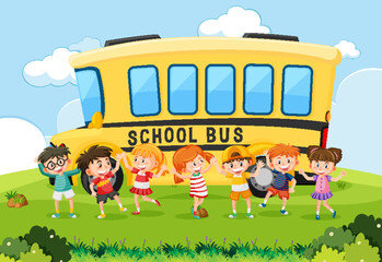 Wall Mural - happy students and school bus background