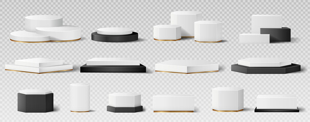 Realistic marble scenes set. Collection of podiums and pedestals for product presentation. Cosmetics advertising, marketing on Internet. 3D vector illustrations isolated on transparent background