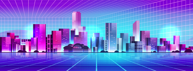 Wall Mural - neon urban town street view through VR glasses mega city building houses exterior metaverse virtual reality technology