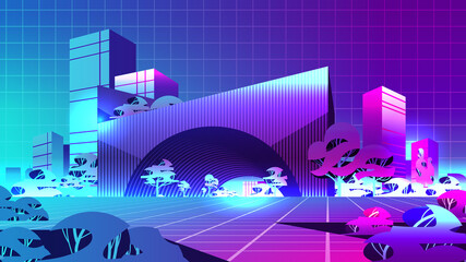 Wall Mural - neon urban town street view through VR glasses mega city building houses exterior metaverse virtual reality technology